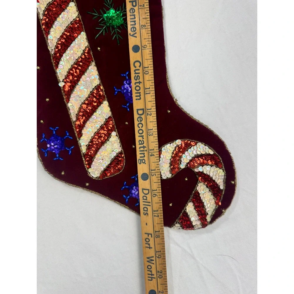 Prima Creations Velvet Christmas Stockings Navy Burgundy Sequin Candy Cane Set 2